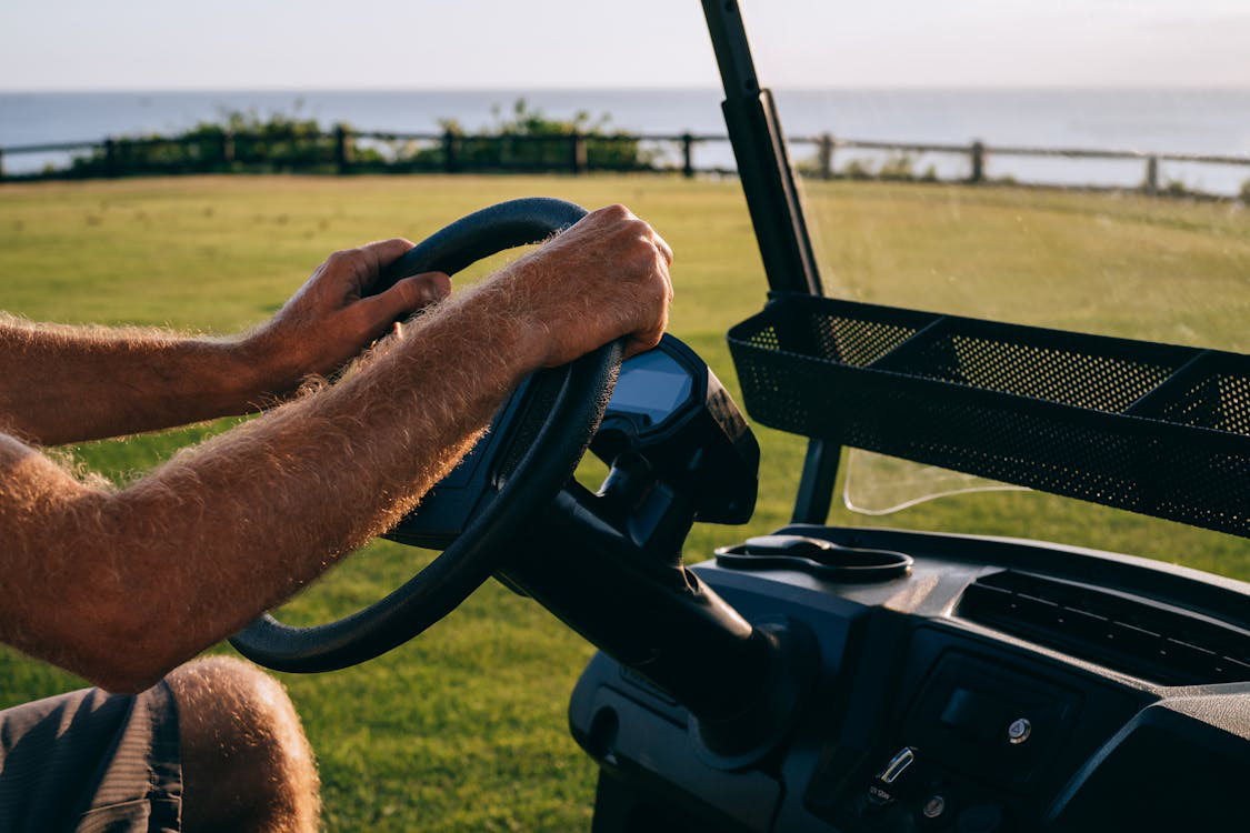 Person’s holding a steering wheel of a golf cart